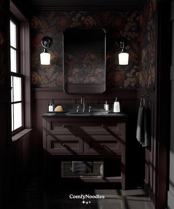 Dark Moody Botanical Wallpaper | Earthy Floral Maximalist Bedroom Bathroom | Removable Peel and Stick Prepasted Muted Wildflower Wallpaper