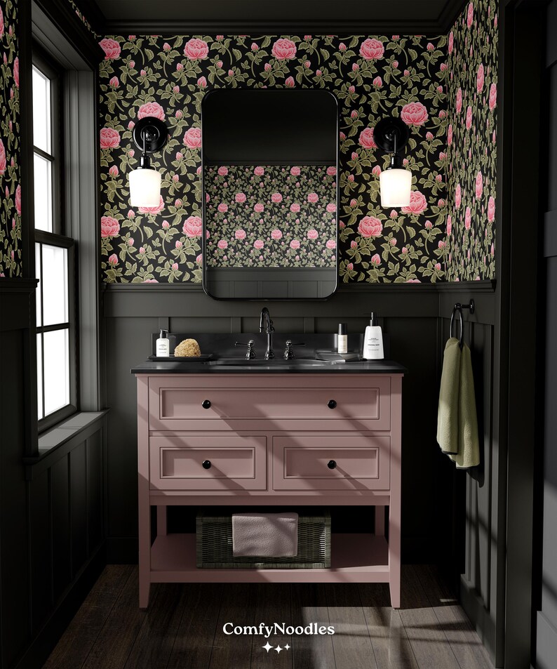 Buy Dark Rose Wallpaper Black Vintage Floral Country Bathroom Bedroom