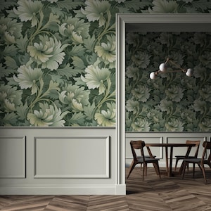 Carta da parati vittoriana con foglie verde salvia / Camera da letto e bagno in stile antico vintage / Carta da parati botanica con foglie grandi preincollate e rimovibili