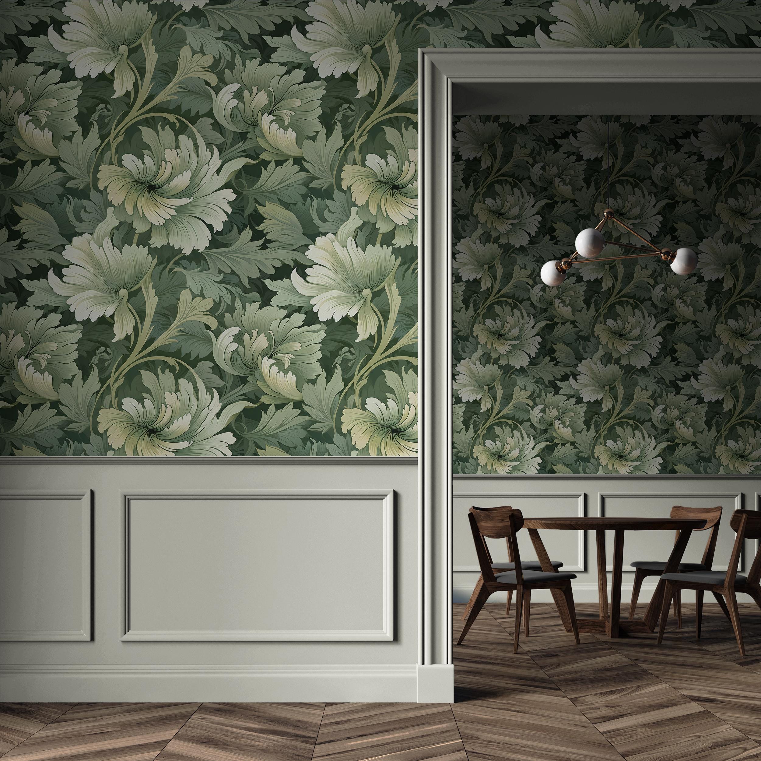 Sage Green Leaf Victorian Wallpaper | Vintage Antique Bedroom Bathroom | Removable Peel and Stick Prepasted Large Leaves Botanical Wallpaper
