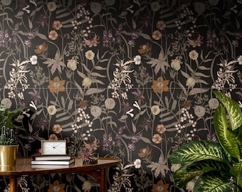 Moody Maximalist Botanical Wallpaper | Muted Floral Bedroom Bathroom | Removable Peel Stick, Prepasted | Vintage Wildflower Dark Academia