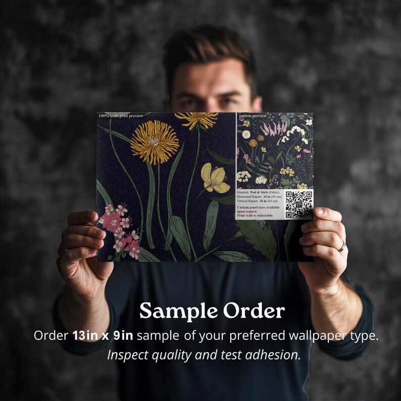 Dark Blue Botanical Wallpaper | Vintage Wildflower Bedroom Bathroom | Removable Peel Stick, Prepasted | Country Navy Floral Maximalist Sample 13in x 9in