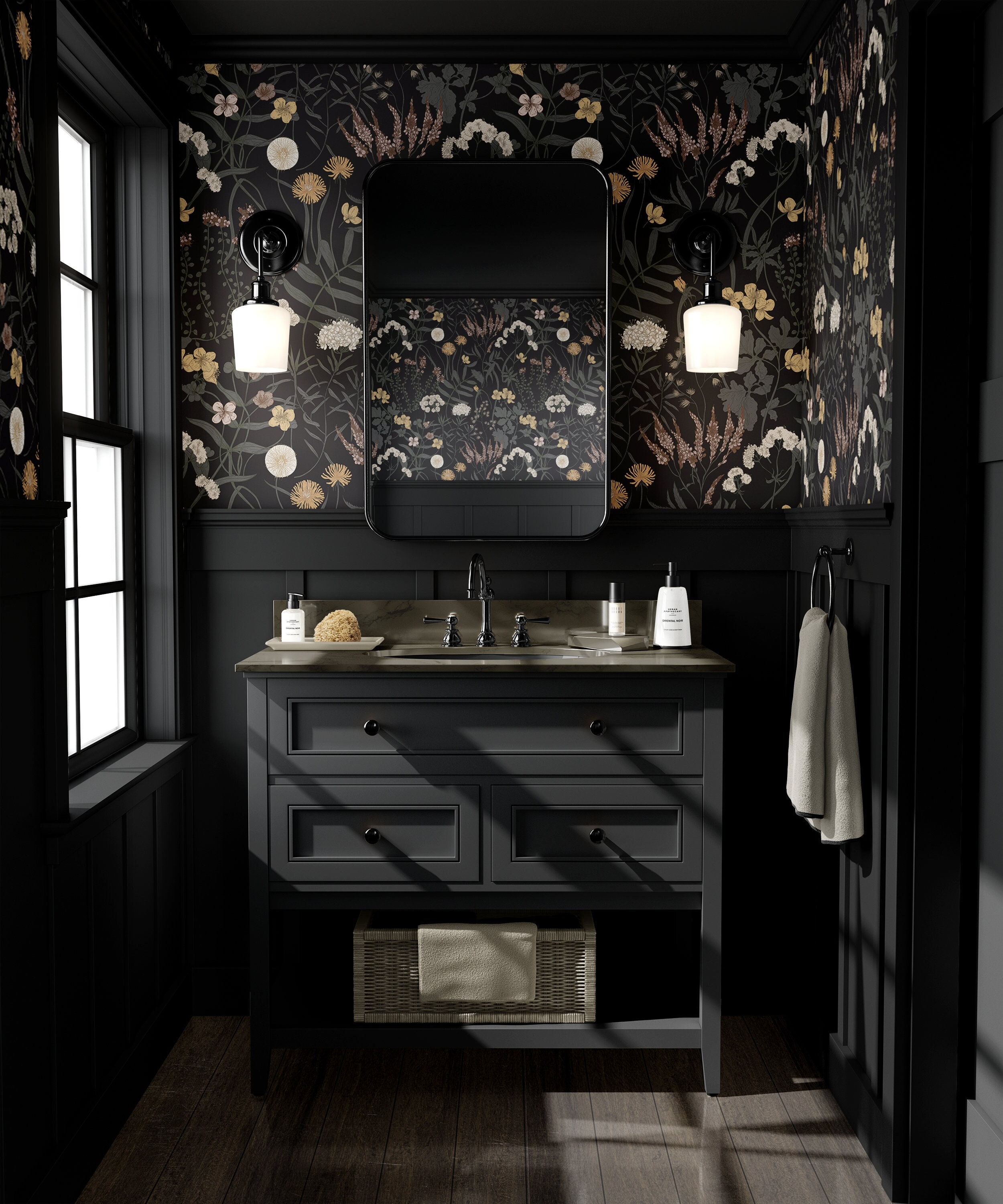 Moody black botanical wallpaper design
