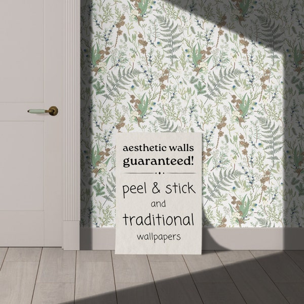 Lichtgroen botanisch behang | Vintage bos slaapkamer badkamer | Verwijderbaar, schillen en plakken, voorgeplakt | Boho kruiden bos decor