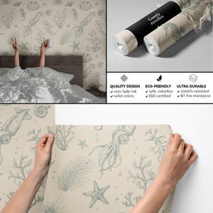 May include: Beige wallpaper with a repeating pattern of sea creatures, including squid, seahorses, starfish, and seaweed. The wallpaper is shown in a bedroom setting and being held by hands.