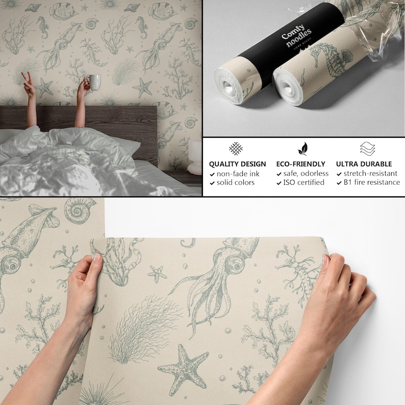 May include: Beige wallpaper with a repeating pattern of sea creatures, including squid, seahorses, starfish, and seaweed. The wallpaper is shown in a bedroom setting and being held by hands.