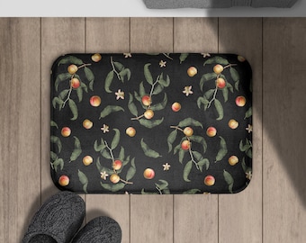 Dark Moody Peach Bath Mat | Non Slip Microfiber Memory Foam | Moody Dark Academia Bathroom Decor | Boho Botanical Fruit Bathmat