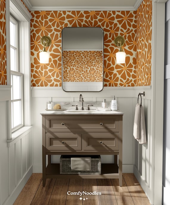 Retro Daisy Wallpaper | Funky Wallpaper for Bathroom | Removable Peel Stick Floral Botanical Orange Mid Century Modern