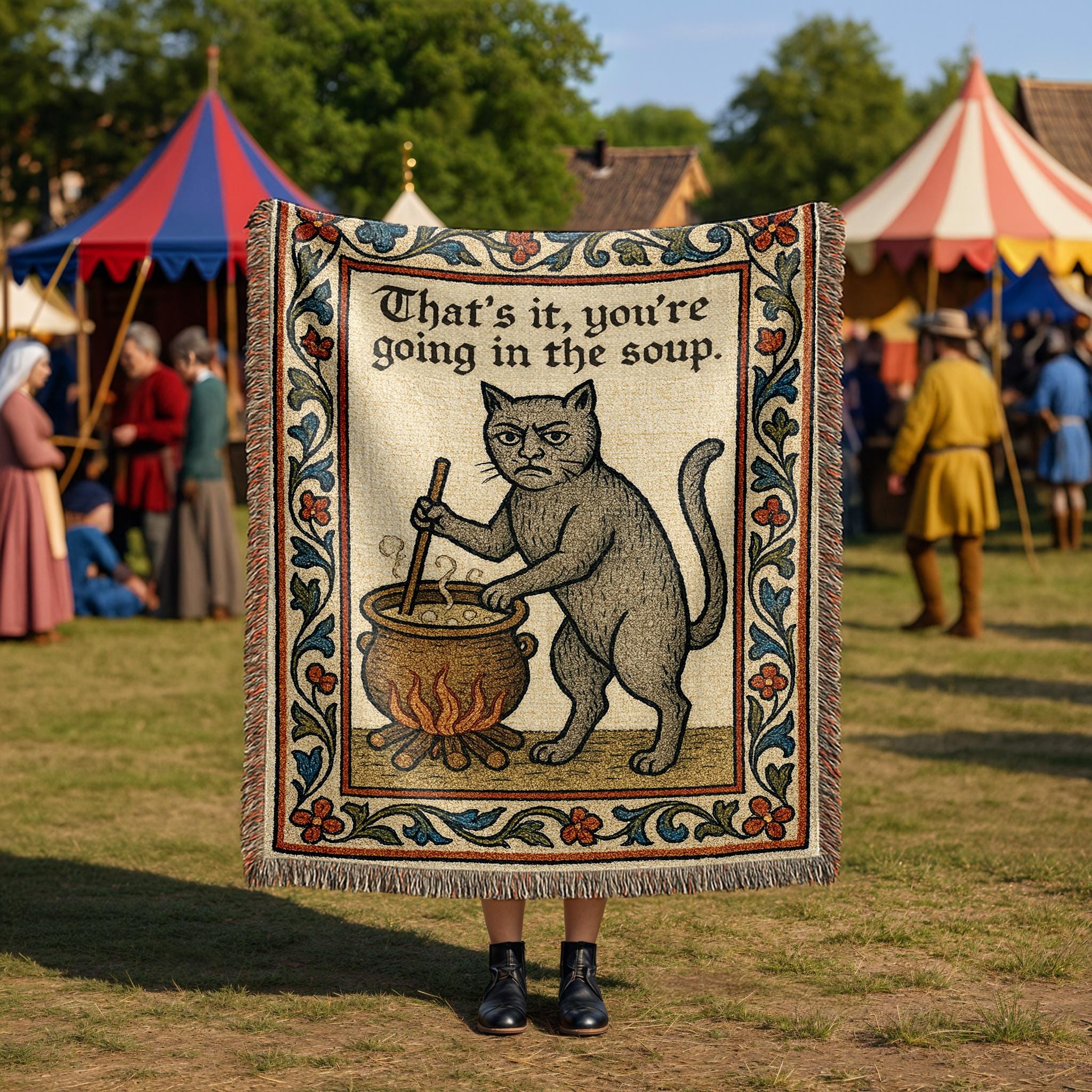 Weird Medieval Cat Woven Tapestry | Funny Quirky Magical Throw Blanket | Witchy Vintage Bookish Home Decor Gift | you're going in the soup
