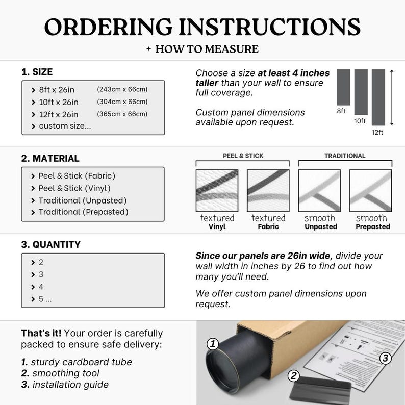 May include: Ordering instructions for peel and stick or traditional wallpaper panels. Choose a size, material, and quantity. The image shows a diagram of how to measure your wall and a close-up of the packaging.