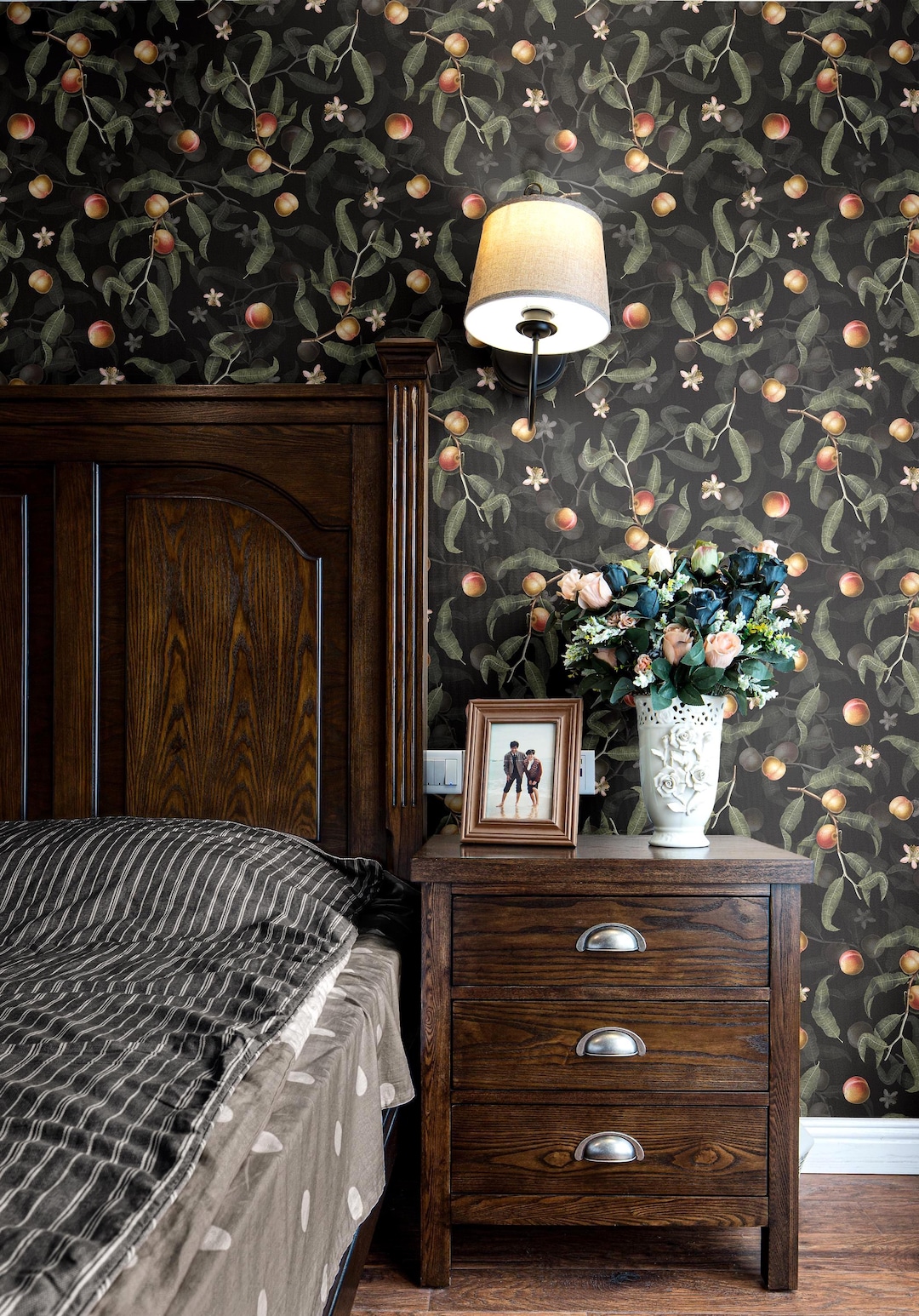Black Moody Wallpaper | Botanical Watercolor Peach Bathroom