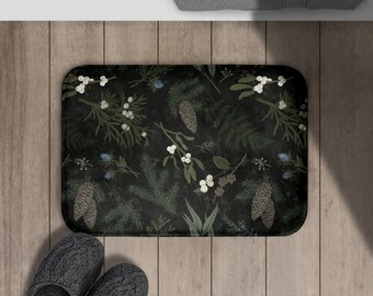 de bain forêt de pins foncés | Mousse mémoire en microfibre antidérapante | Déco de salle de bain de ferme vintage Moody | Tapis de bain noir botanique Woodland