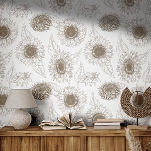 Carta da parati con girasoli in stile boho / Carta da parati floreale vintage per camera da letto e bagno / Rimovibile, staccabile e attaccabile, preincollabile / Decorazione botanica country