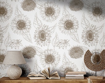 Boho Sunflower Wallpaper | Vintage Floral Bedroom Bathroom | Removable, Peel and Stick, Prepasted | Country Botanical Decor