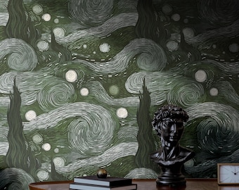 Starry Night Wallpaper | Green Vintage Van Gogh Wallpaper | Removable Peel and Stick Funky Bathroom Wallpaper
