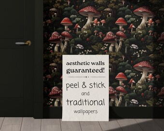 Moody Mushroom Wallpaper | Dark Academia Bedroom Bathroom | Removable, Peel and Stick Mural, Prepasted | Black Botanical Forest Decor