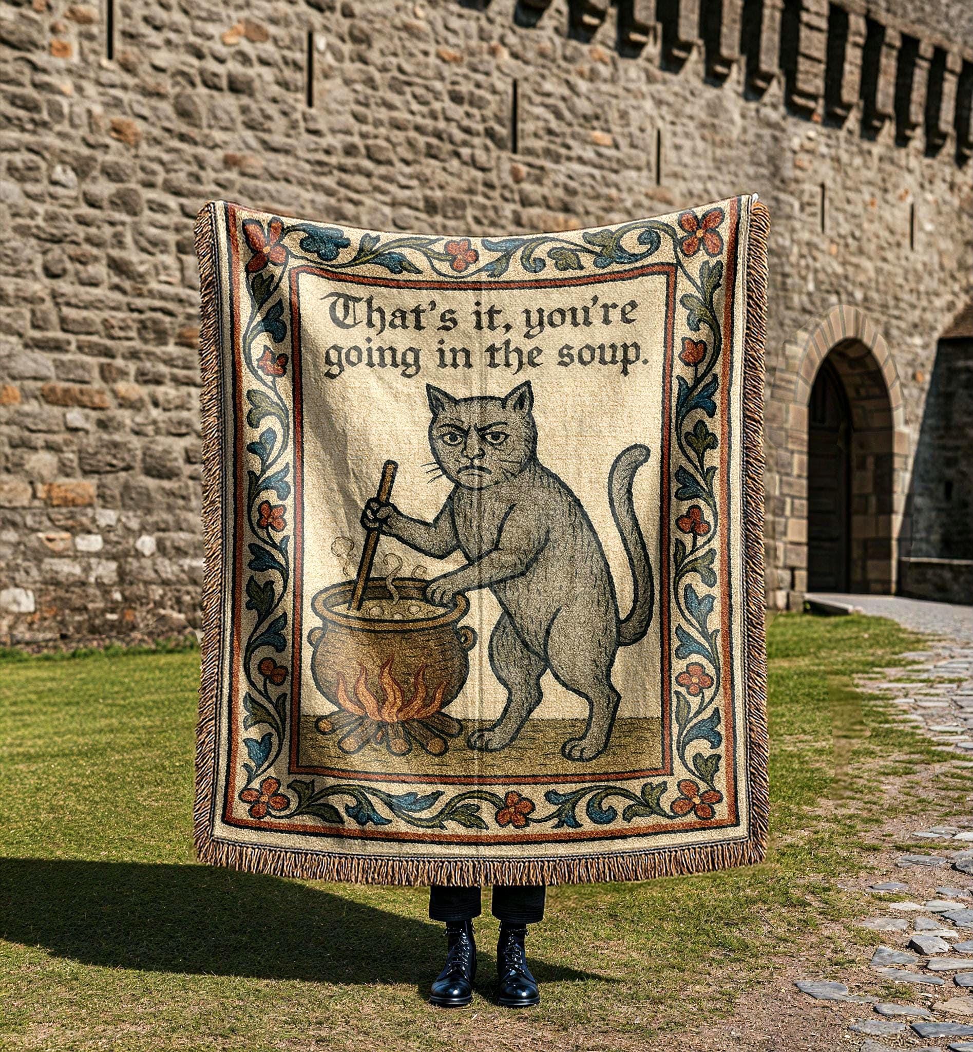 Weird Medieval Cat Woven Tapestry | Funny Quirky Magical Throw