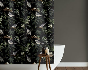 Cortina de ducha vintage de bosque de pájaros / Decoración de baño botánico cambiante / Cortina de bañera de granja de bosque negro