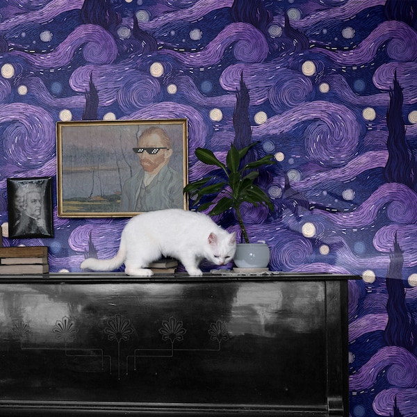 Tapeta Van Gogh Starry Night Purple | Aesthetic Art Cloud Sypialnia Łazienka Dekoracja | Zdejmowany, odklejany i przyklejany mural, wstępnie wklejony