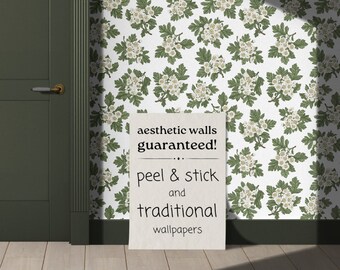 White Vintage Botanical Wallpaper | Aesthetic May Blossom Bedroom Bathroom | Removable Peel Stick, Prepasted | Old Wildflower Decor