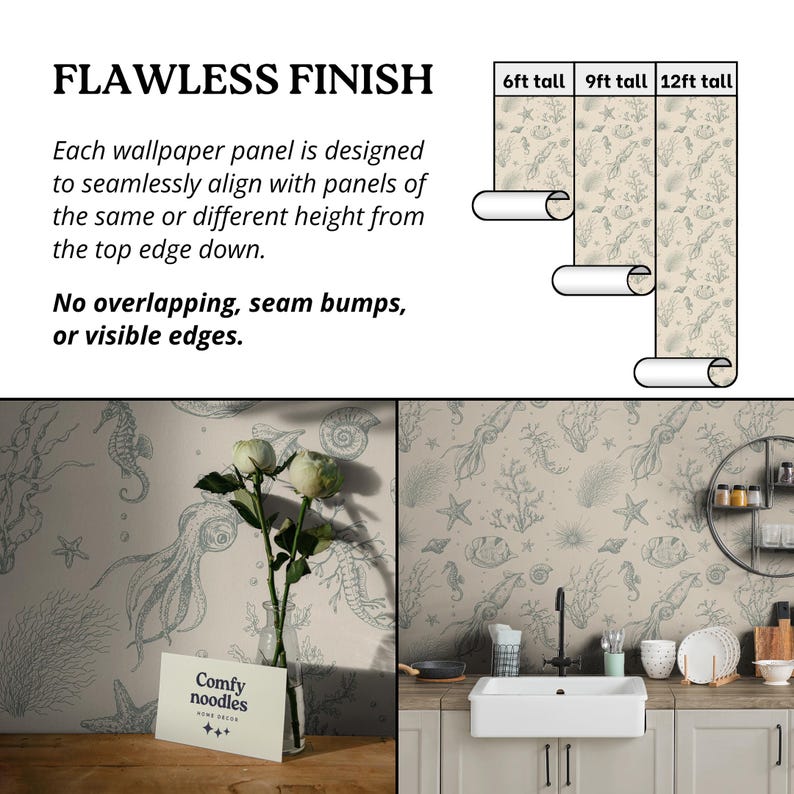 May include: Sea-themed wallpaper with a light beige background and blue illustrations of seahorses, shells, and seaweed. The wallpaper is shown in a kitchen setting with a white sink and cabinets. The text "Comfy Noodles Home Decor" is visible in the image.