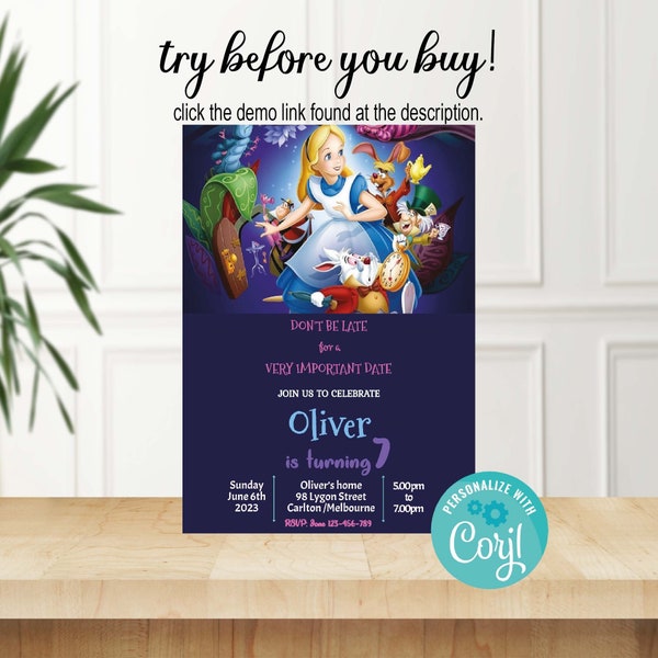 Alice in wonderland kids Birthday Invitation, Girl Editable Template Invitation, Girl Instant Download