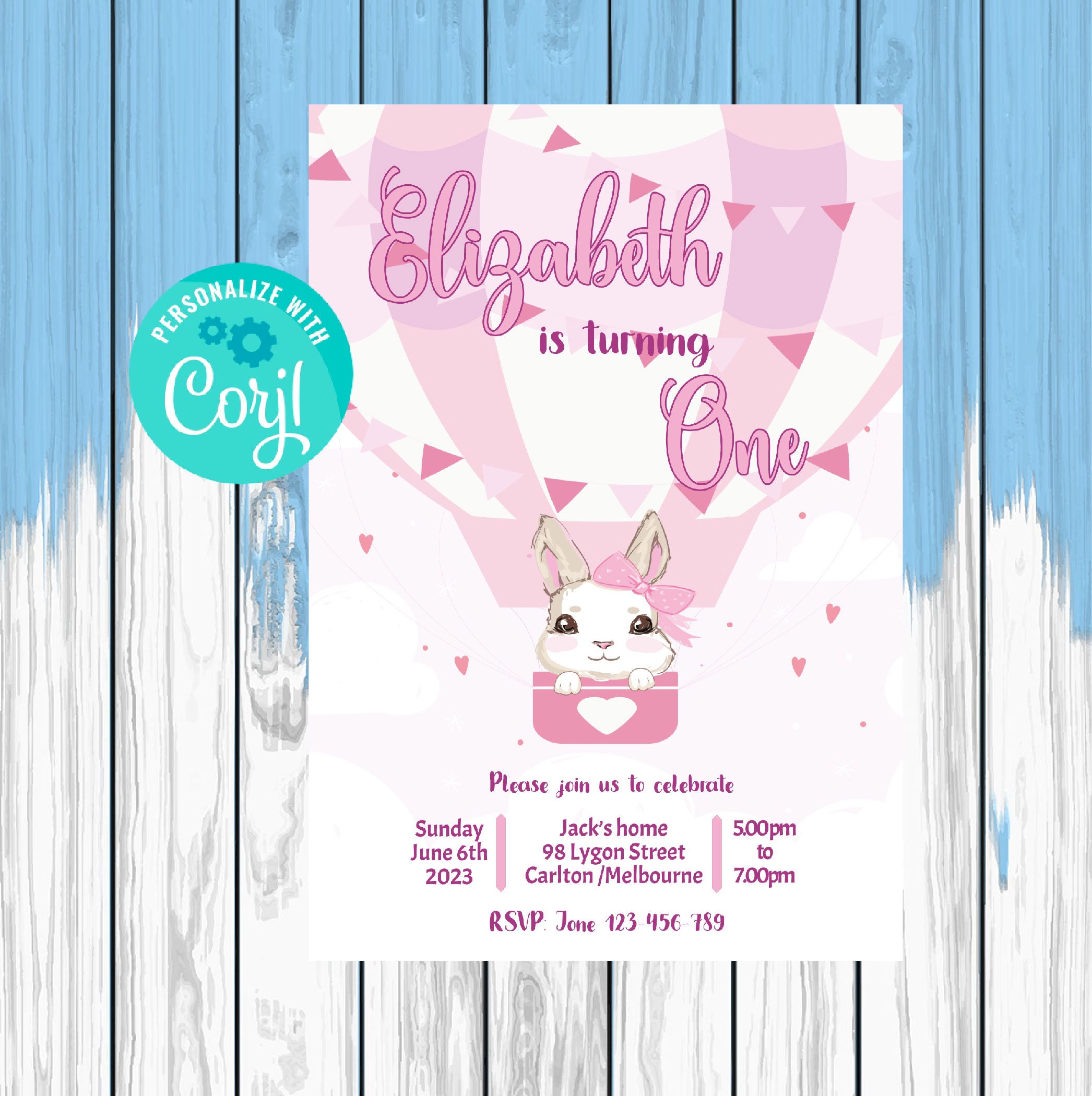 Bunny First Birthday Invitation, Editable Invite Template, Hot Balloon ...