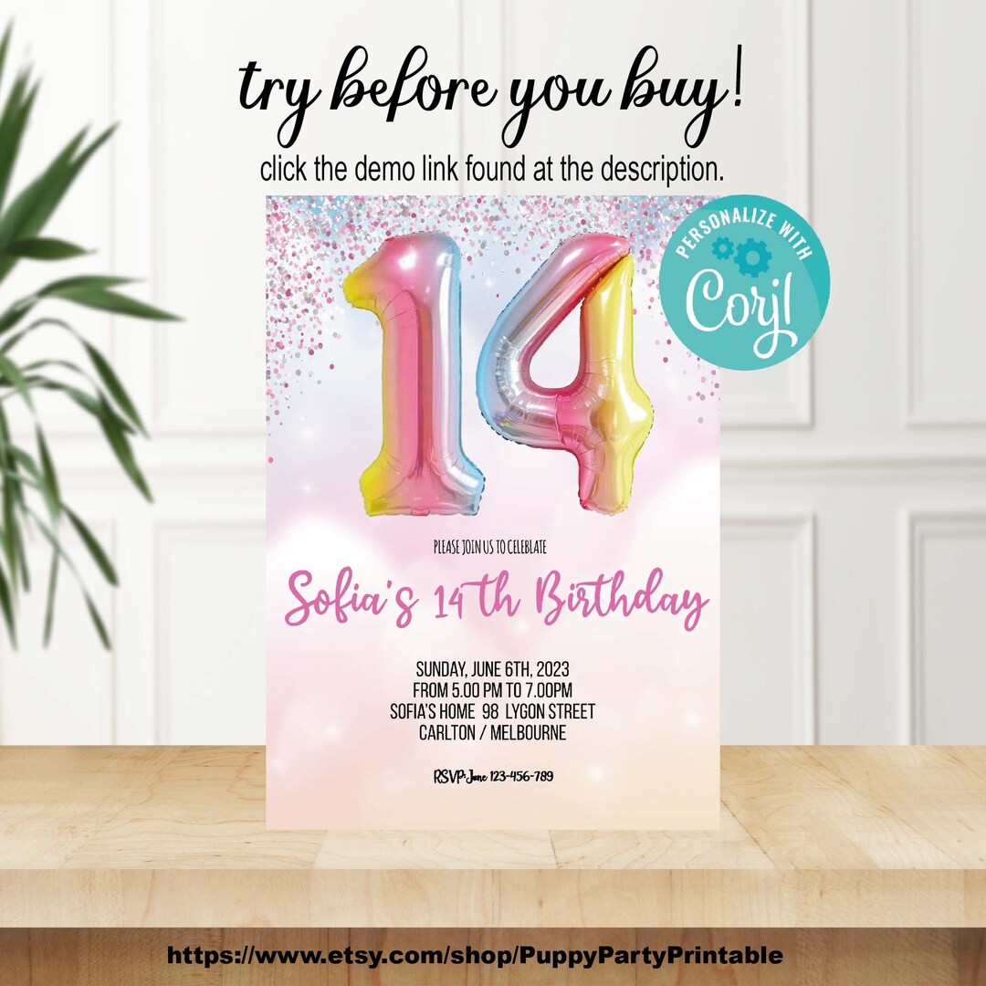 Editable 14th Birthday Invitation Glitter Birthday Party Invite Rainbow ...