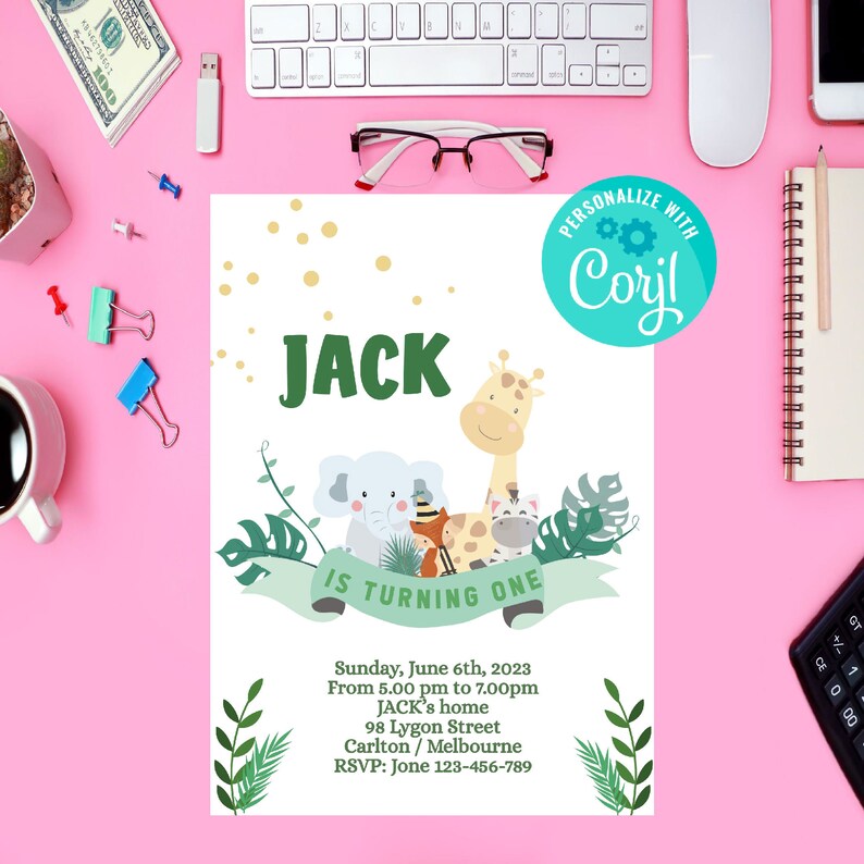 EDITABLE Safari Birthday Invitation, Wild One 1st Birthday Invite