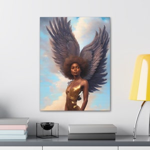 May include: A woman with an afro hairstyle wears a gold dress and large gray wings against a blue sky background.