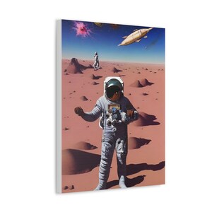 May include: An astronaut in a white spacesuit stands on a red, sandy planet. The astronaut is looking to the right and has one hand raised. There is a small, pink, glowing object in the sky.