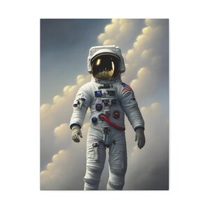 May include: A white astronaut suit with a gold helmet and a red stripe across the chest. The astronaut is standing in front of a cloudy sky.