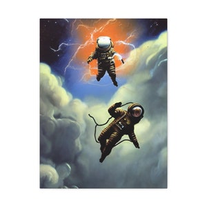 May include: Two astronauts in brown spacesuits float in a cloudy sky. One astronaut is surrounded by a bright orange and blue light with lightning bolts. The other astronaut is connected to a rope.