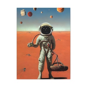 May include: An astronaut in a white spacesuit stands on a red, rocky surface. The astronaut is holding a small, black object in their right hand. There are several small, round objects floating in the sky above the astronaut.