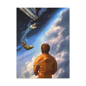 May include: A lone astronaut in an orange spacesuit stands facing a dark, starry sky.  A spacecraft is falling away from the astronaut, and a figure in a white spacesuit is floating in the distance.