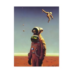 May include: An astronaut in a red and orange spacesuit stands on a red planet. The astronaut is looking down at the ground. In the background, another astronaut is floating in the air.