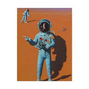 May include: A painting of two astronauts in space suits on a red planet. The astronaut in the foreground is pointing to the left, while the astronaut in the background is walking away.