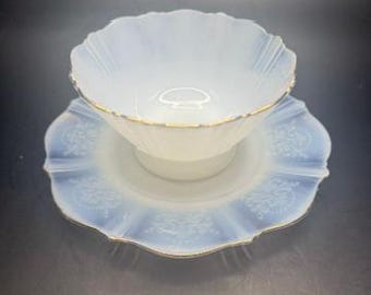 Ensemble de 2 pièces Monax « American Sweetheart » MacBeth-Evans avec garniture dorée en verre creux en forme de dépression et sous-assiette - vers 1930 - 1936