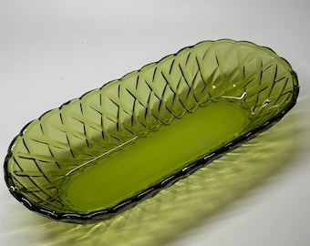 Indiana Glass “Pretzel” Avocado Green 10” Oval Celery Dish – Mid-Century Pressed Glass