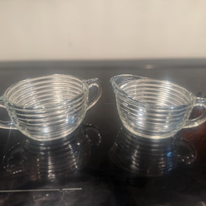 Vintage Art Deco Anchor Hocking &quot;Manhattan&quot; Clear Glass Creamer & Sugar Bowl Set c. 1938 - 1943