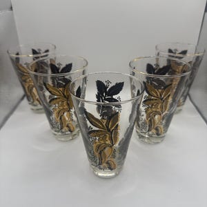Vintage Dominion Glass Mid-Century Tumblers – Set of 5 | Black & Gold Leaf Design | 1950s–60s Barware | MCM Cocktail Glasses
