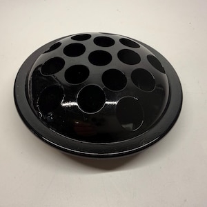 Vintage Black Amethyst Glass Flower Frog, 16 Hole Floral Arranger Insert, Depression Era Style, 4.25” Round Frog with Feet