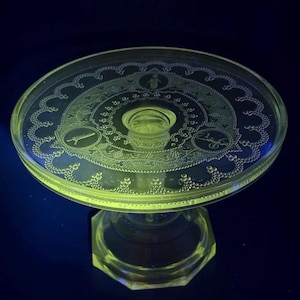 ¡Como nuevo! Soporte para pasteles con pedestal "Minerva" (medallón romano) de Adams & Co. – Vidrio de manganeso – 23 x 16,5 cm – c. 1881–1885