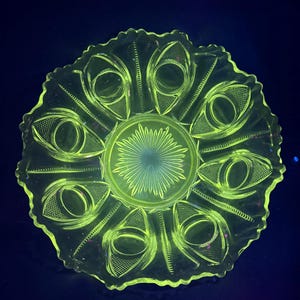 May include: A glowing, yellow-green glass dish with a scalloped edge. The dish features a central, circular design with radiating lines and is surrounded by eye-shaped patterns. The glass has a textured appearance, and the background is dark.