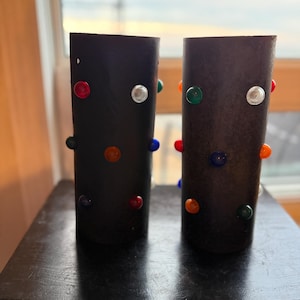 PAIR of Vintage 1950&#39;s Tubular Cylindrical Metal Multicolour Plastic Bubbles Pendant Light Shades