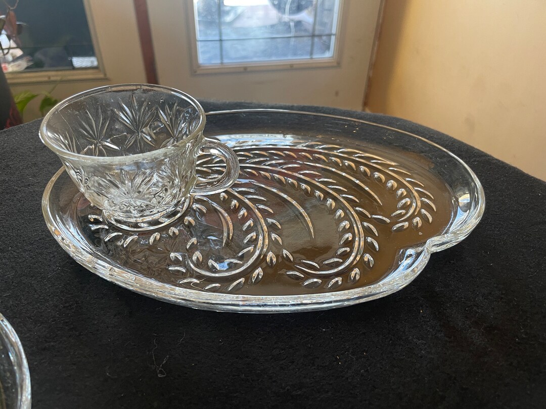 Charming Vintage MCM Clear Pressed Glass Snack Sets qty 3 Plate & Cup