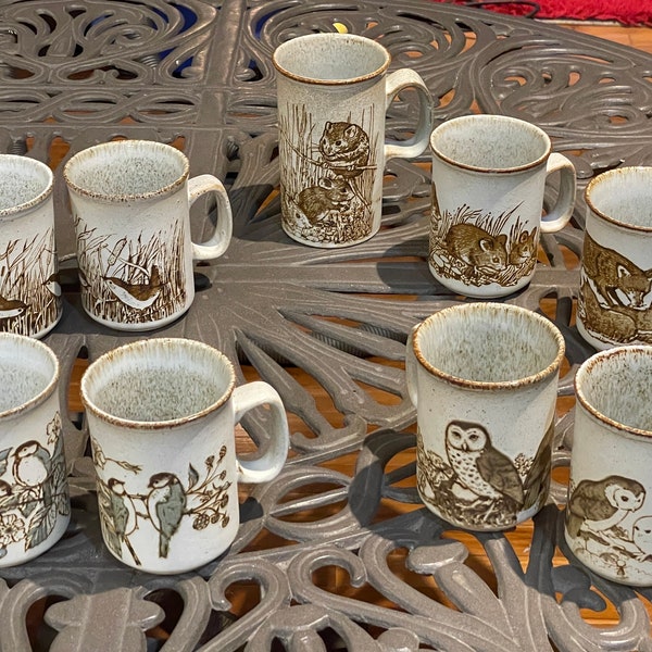 Vintage MCM Doonan Scotland Pottery Stoneware Wildlife Pattern Coffee/Tea Mugs