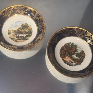 Pair of Vintage Royal Falcon Ware Mini Collector Plates – 4” – Weatherby Hanley England – Cobalt & Gold with Countryside Scenes