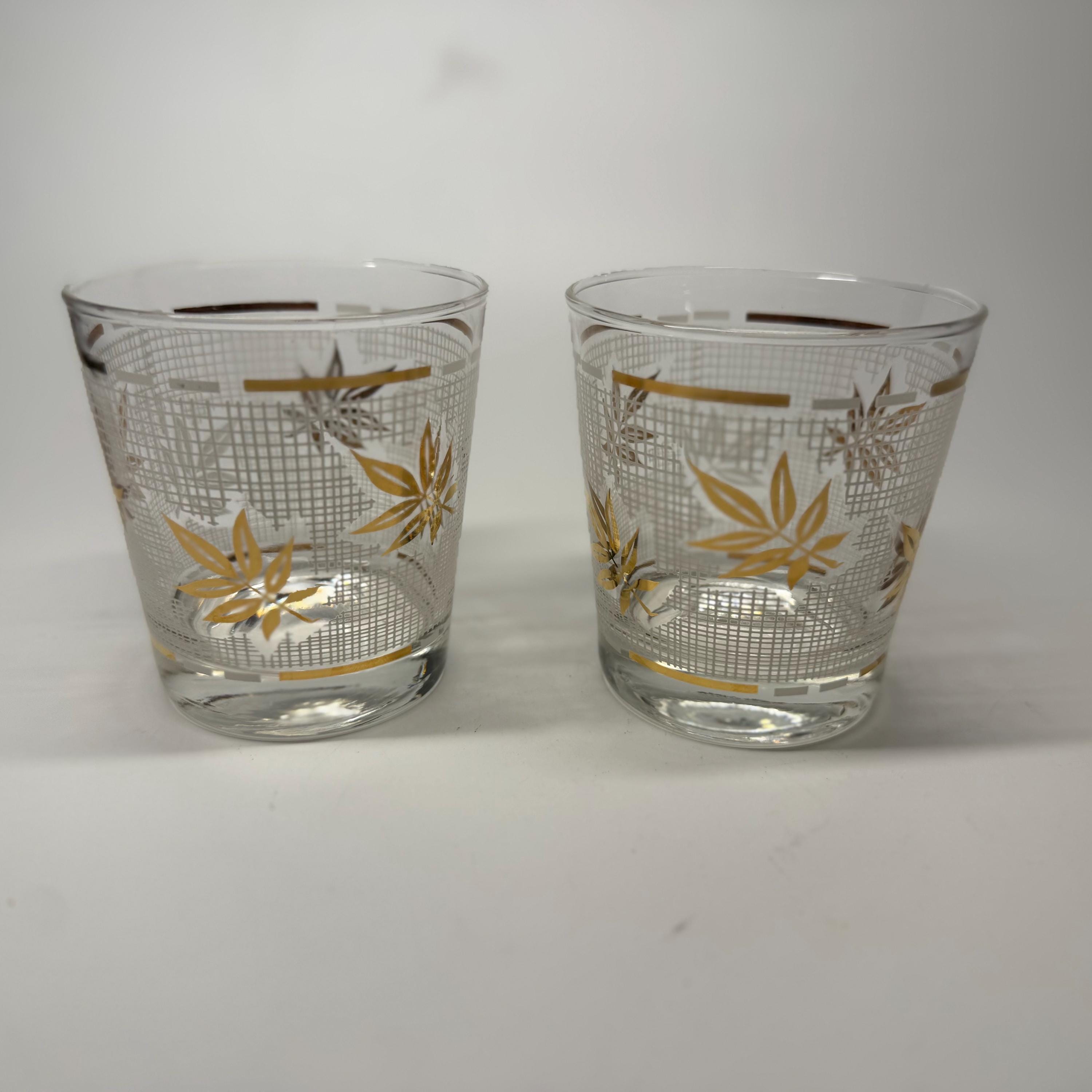 Vintage Libbey-Attributed Gold Leaf on White Grid Whiskey / Rocks Glasses - Set of 2 Mid-Century Modern Barware