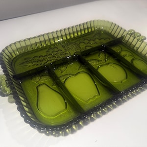 Indiana Glass Avocado Green Divided Relish Tray – Embossed Fruit Pattern – 5-Section Serving Dish – Vintage Glassware – 12 3/4” Wide